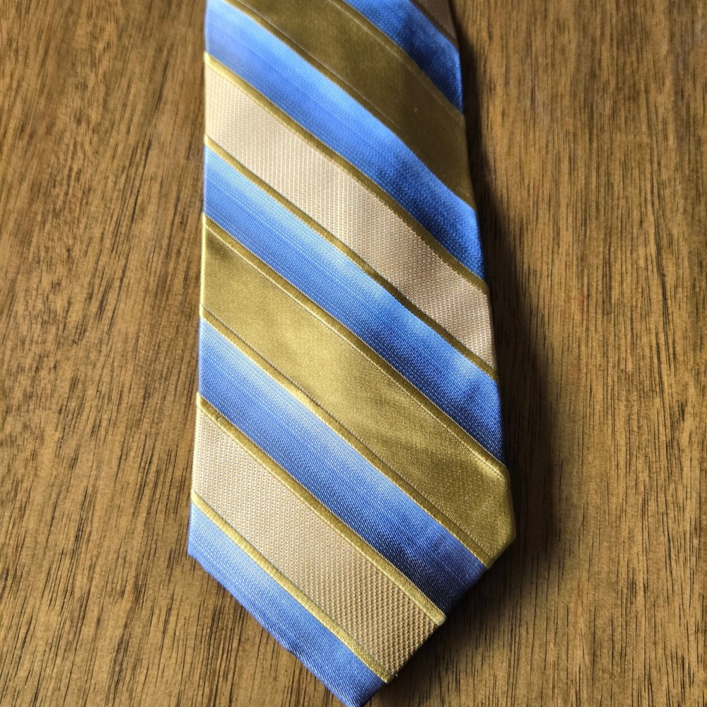 Siena Collezione Mens Gold Blue Striped Silk Hand Made Necktie Tie